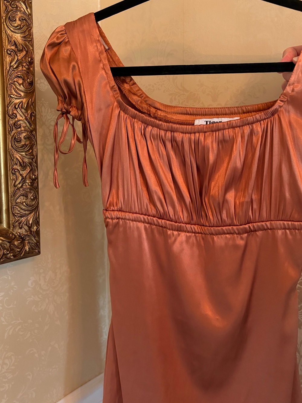 Rust Satin dress with Smocked Neckline